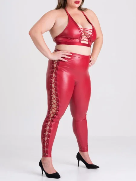Lovehoney Plus Size Fierce Leather Look Lace-Up Red Halterneck Bra