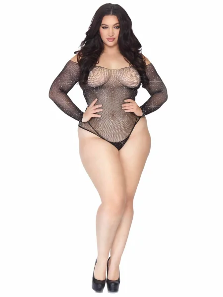 Rhinestone Snap Crotch Bodysuit - 1x-2x - Black