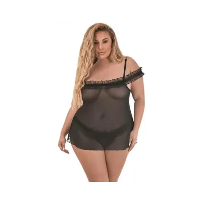 Magic Silk Ruffled Flyaway Babydoll Split crotch Thong Black Queen