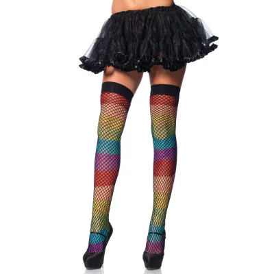 Rainbow Thigh Highs With Fishnet Overlay One Size