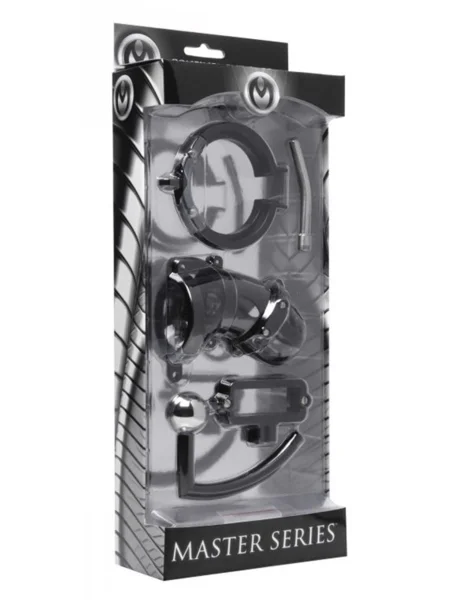 MALE CONFINEMENT CHASTITY CAGE WITH BALL CLAMP AND ANAL HOOK