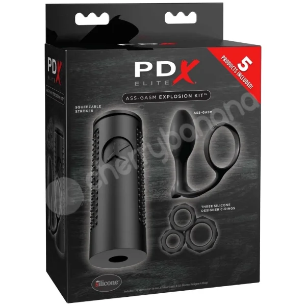 PDX Elite Ass-gasm Explosion Kit With Black Stroker, Butt Plug & Cockrings