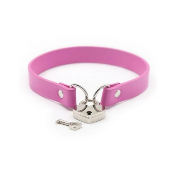 Bondage Kits & Sets: Ple'sur Pvc Collar With Heart Lock & Key Pink