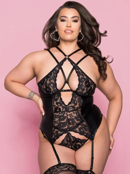 Lovehoney Plus Size Fierce Romance Black Wet Look and Lace Bustier Set