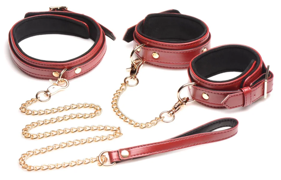 6 Piece Burgundy Bondage Set Burgundy Cuffs,  Collar and Leash