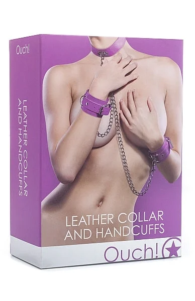 Leather Collar and Handcuffs - Purple