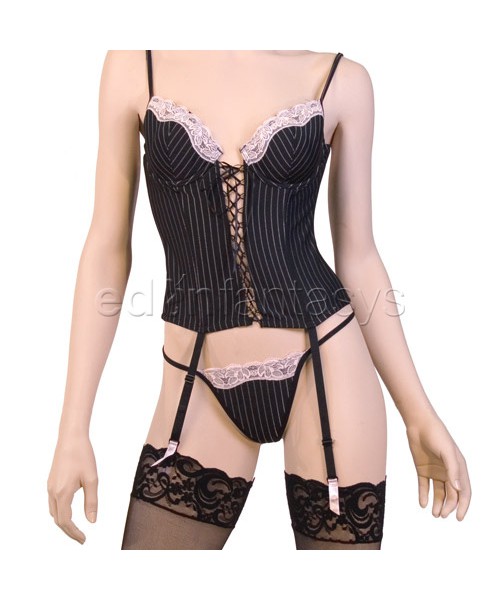 Pinstripes and lace bustier