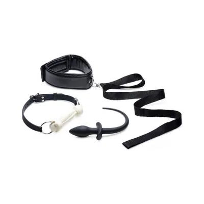 Tailz Puppy Play Set Silicone Bone Gag Tail Anal Plug And Collar Black