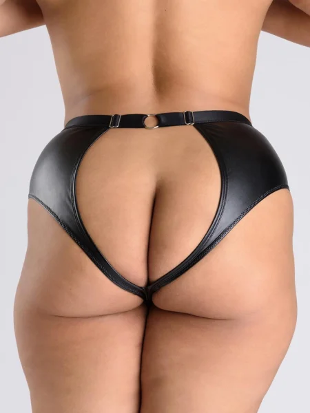 Lovehoney Plus Size Fierce Leather Look Lace-Up Black Crotchless Open-Back Panties