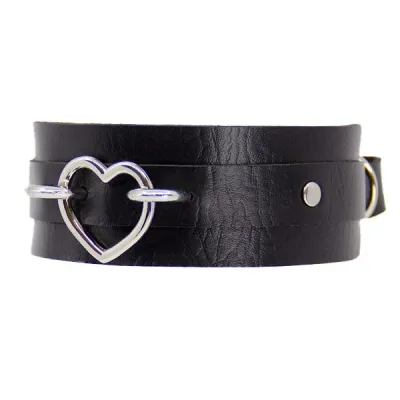 Love In Leather Faux Leather Silver Heart Collar