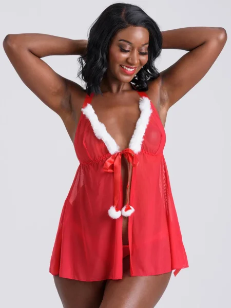 Lovehoney Holiday Pom-Pom Red Sheer Babydoll Set