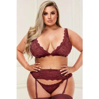 3 Piece Lacey Bra Garter Skirt And G string Set