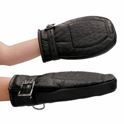 Pain Bondage Mittens with Metal Teeth Black Lamb Leather Vampire Mittens