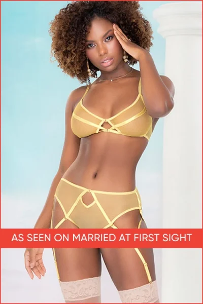 Artemis - Yellow Mesh, High Waisted Bra Set with Garter Straps By Mapale by Espiral
