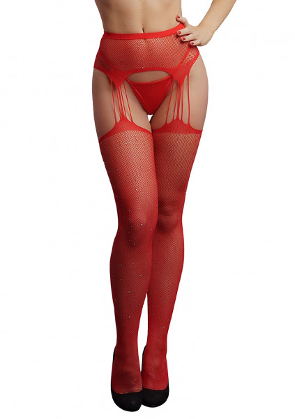 Suspender Rhinestone Pantyhose - Red - Sensual Underwear