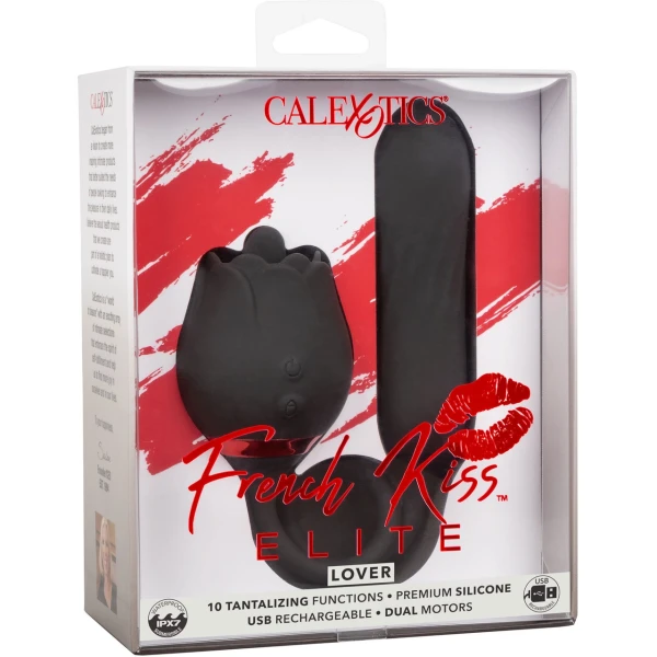 French Kiss Elite Lover Rotating Bullet Vibe & Flickering Tongue Clitoral Stimulator By CalExotics - Black