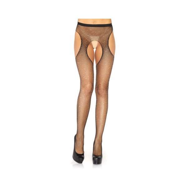 Crystalized Fishnet Suspender Pantyhose. Black O/s