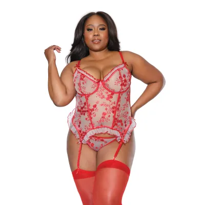 Plus Size Romantic Ruffle Floral Bustier Matching Thong
