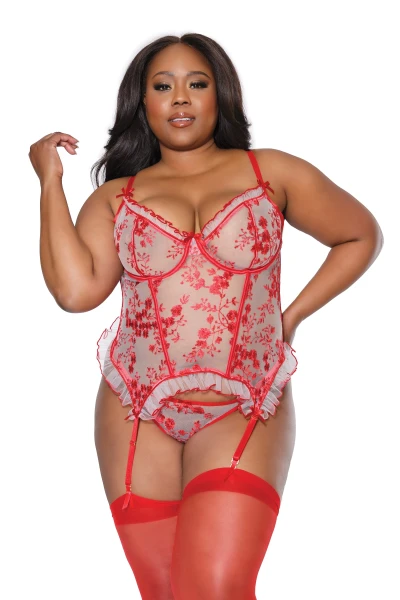 Plus Size Romantic Ruffle Floral Bustier & Matching Thong