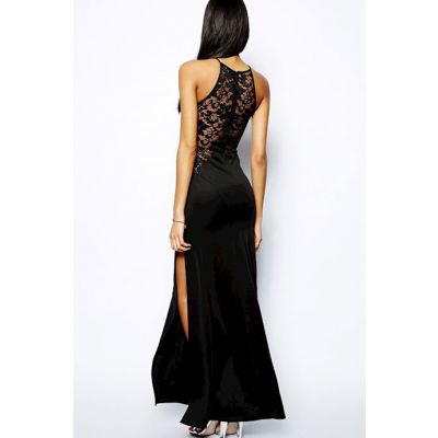Black Lace Splicing Maxi Evening Dress Black M