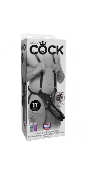 King Cock 11" Two Cocks One Hole Hollow Strap-on Suspender System - Black
