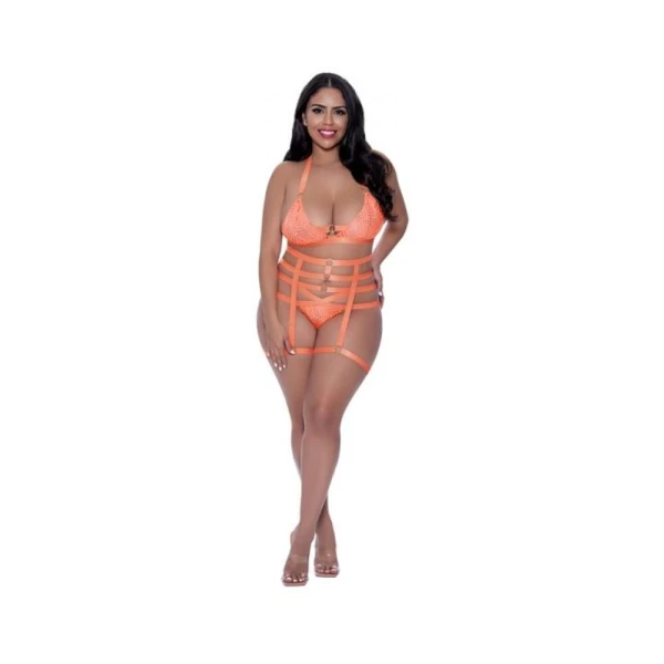 Women's Lingerie: Magic Silk Rude Awakening Bralette, Thigh High Garter & Cheeky Panty Set Neon Orange Queen Size