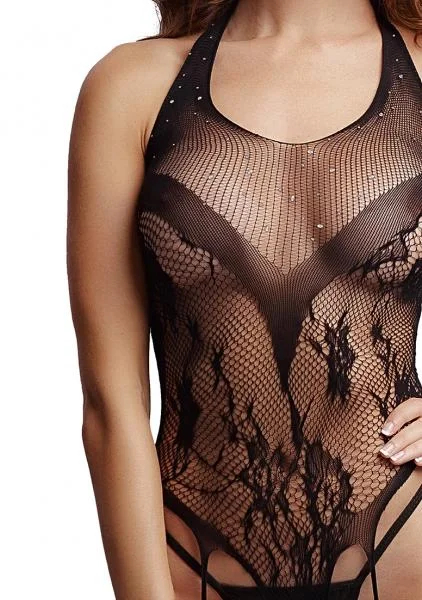 Crotchless Rhinestone Halter Teddy  - Black — image 7 of 8
