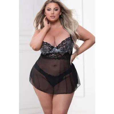 Molten Lave Metallic Black Lace Babydoll with G String By Seven Til Midnight