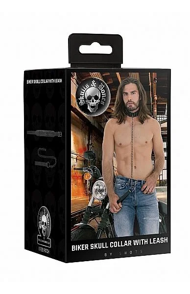 Ouch! Skulls And Bones Neck Chain With Skulls And Leash Black