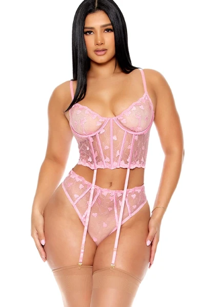 Forplay Heartbeat Harmony 2 Piece Pink Bustier Set with Garters & Matching Panty