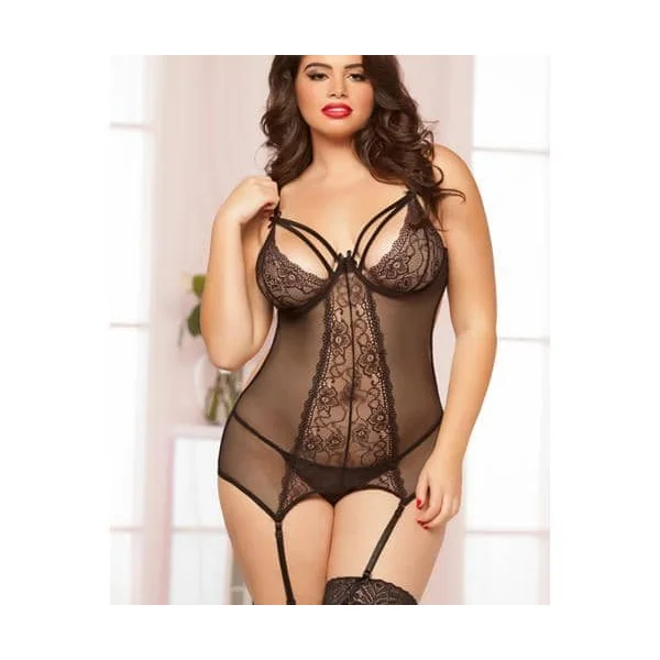 Floral Lace and Fishnet Chemise and Thong Set - Queen Size - Black