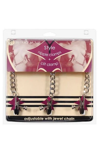 Y Style Adjustable Broad Tip Nipple Clamps With Clit Clamp Silver