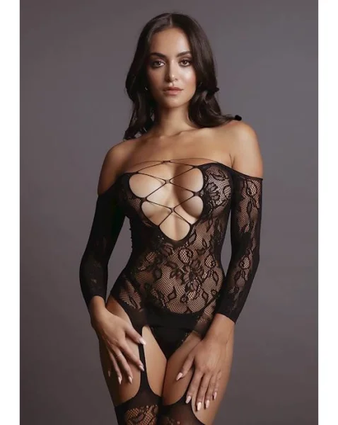 Criss Cross Neck Bodystocking  - Black - One Size Fits Most