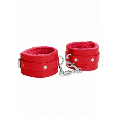 Ouch Plush Leather Hand Cuffs Red One Size