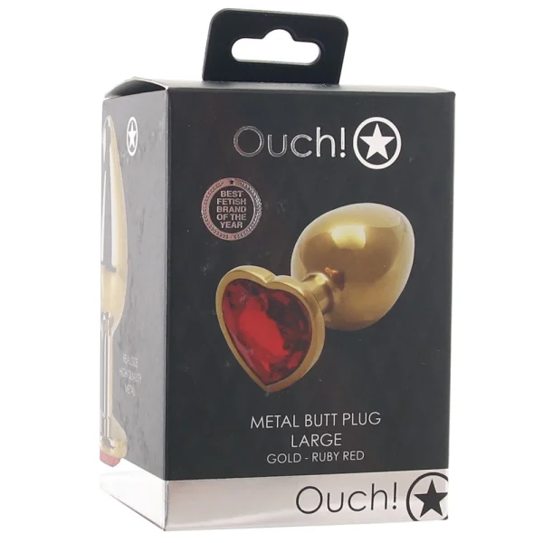 Shots Ouch! Heart Gem Butt Plug Large - Gold/Ruby Red