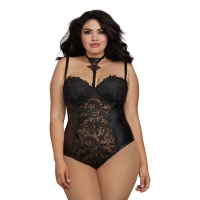 Dreamgirl 1X Black Venice Lace and Stretch Faux Leather Teddy