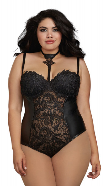 Dreamgirl 1X Black Venice Lace and Stretch Faux Leather Teddy