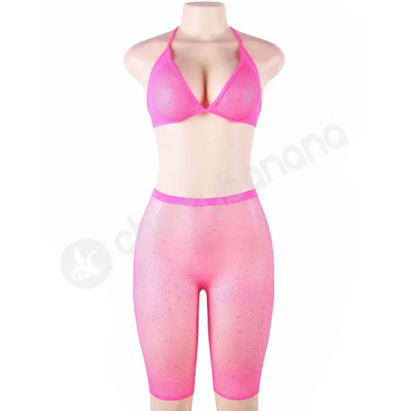 Cherry Banana Pink & Rhinestone Fishnet Bikini Style Top & Shorts Set