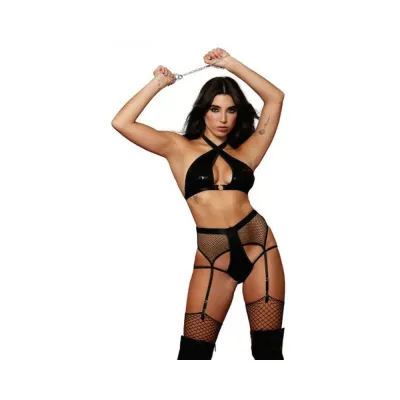 Women s Lingerie Dreamgirl Wetlook Halter Bralette Fishnet And Wetlook Gartered Open butt Panty Chain Wrist Restra