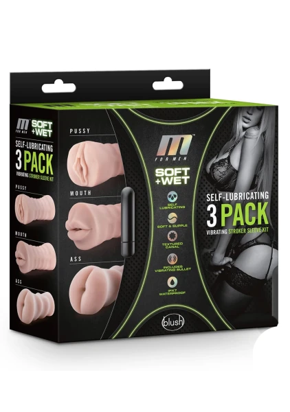 M for Men 3-Pack Self-Lubricating Vibrating Stroker Sleeve Kit