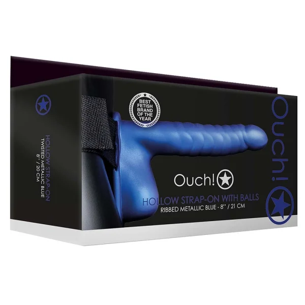 Ouch! Ribbed 8 Inch Hollow Ballsy Strap-On