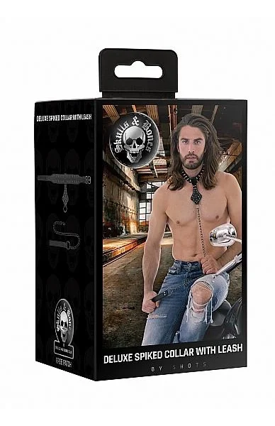 Ouch! Skulls & Bones Neck Chain With Spikes And Leash Black