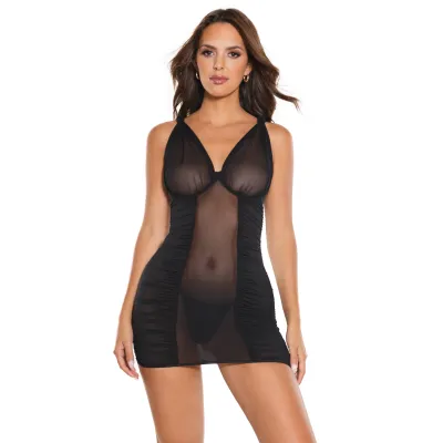 Black Ruched Sheer Chemise Matching Thong