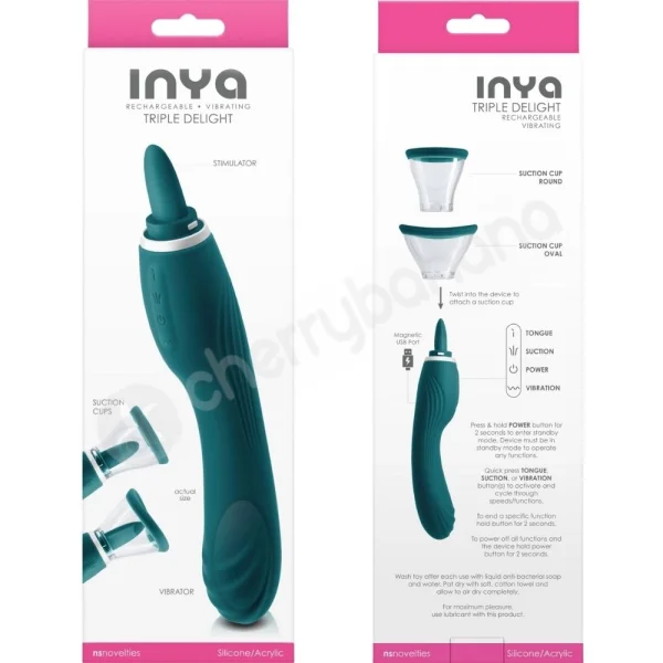 Inya Triple Delight Green 3 in 1 Vibrator With Tongue Stimulator & Suction Cups