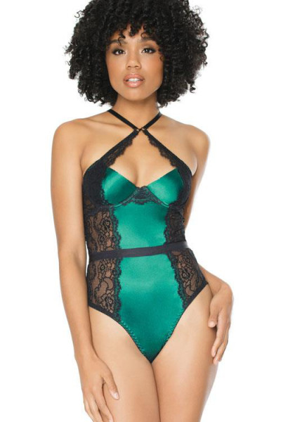 Coquette Envious Green Satin & Black Lace Teddy