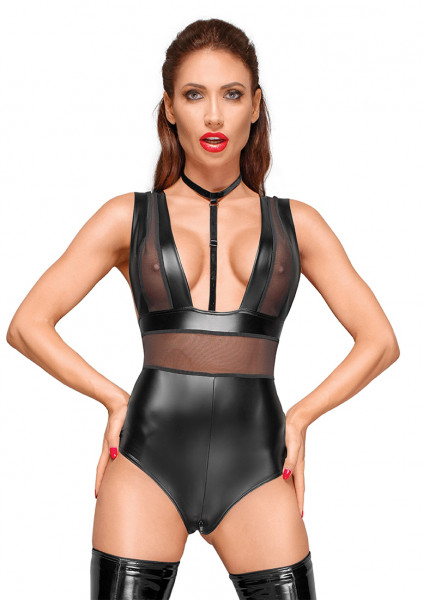 Wetlook and tule body with velvet choker - Black - Hot Steamy Lingerie