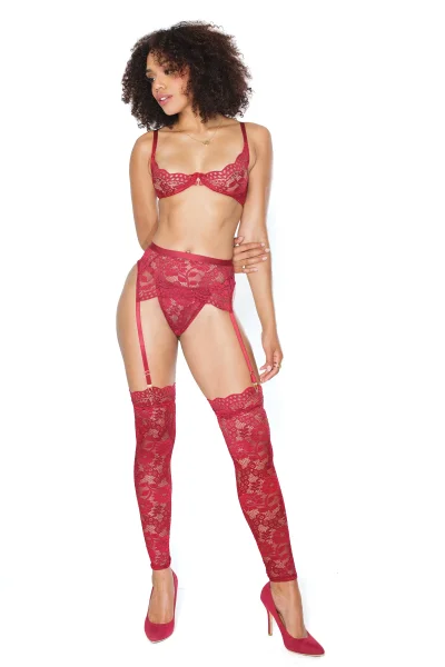 Deep Red Floral Lace Demi Cup Bra, Garter Belt, & Thong — image 8 of 10