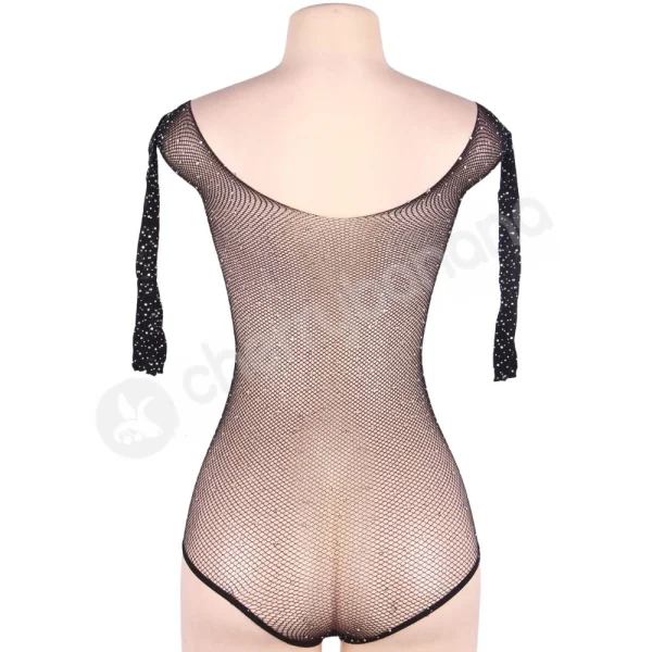 Cherry Banana Plus Size Black & Rhinestone Fishnet Long Sleeve Bodysuit
