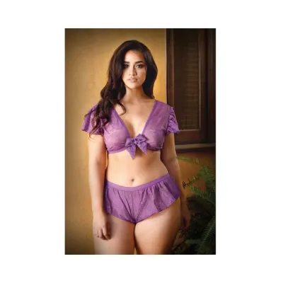 Curve Kate Lace Tie Front Crop Top With Matching Tap Panty 1x 2x Amethyst