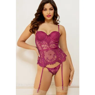 Regency Queen 2 Piece Wine Lace Bustier Set with Panty By Seven Til Midnight